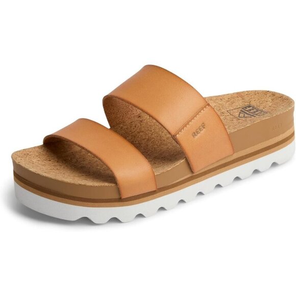 Shoes - Women's Slide Sandal Brown Open Toe Slip-on Hi Platform Heel Double Strap